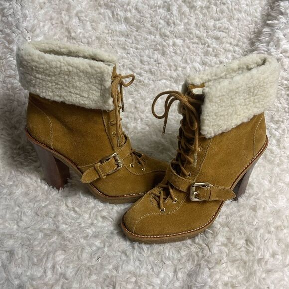 MICHAEL Michael Kors Chestnut leather Suede Sherpa Cuff Laceup  Heel Boots SZ9M - Picture 2 of 10